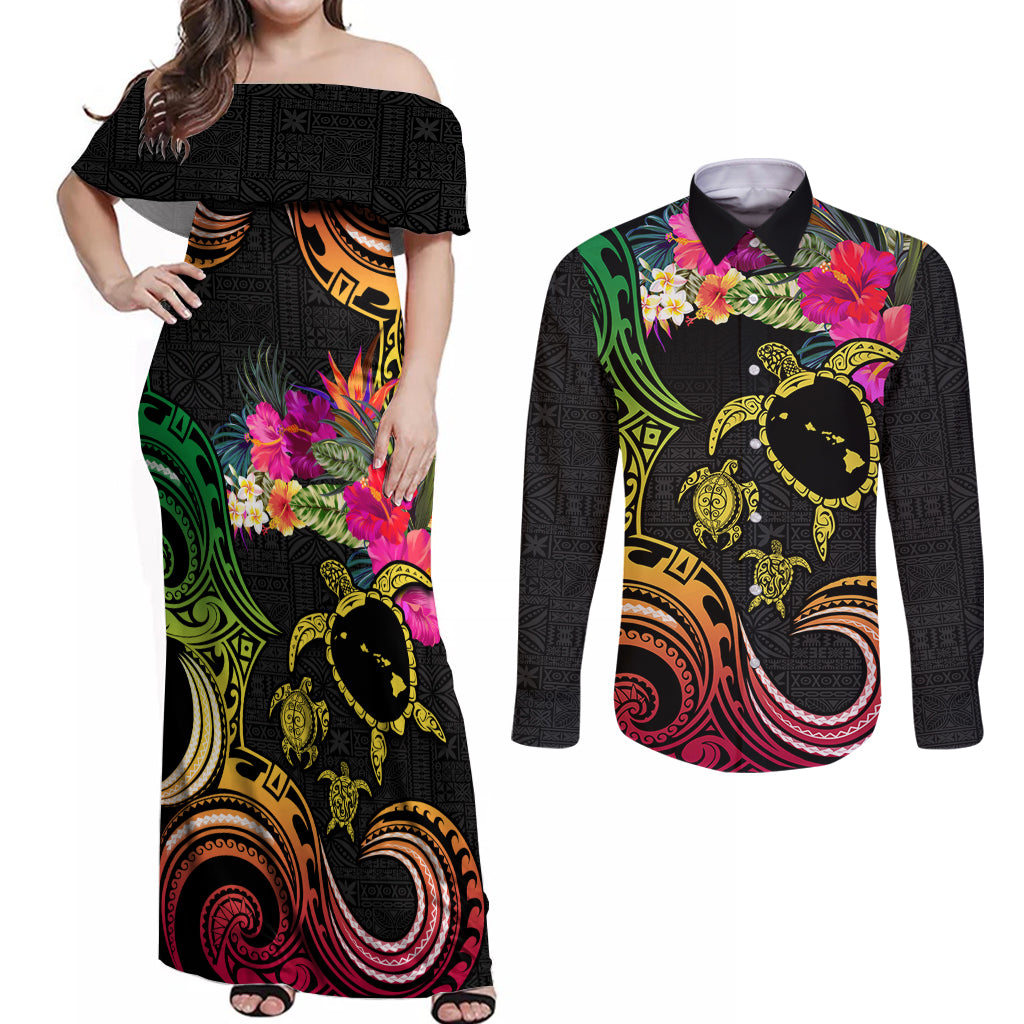 Hawaii Turtle Day Couples Matching Off Shoulder Maxi Dress and Long Sleeve Button Shirt Polynesian Tattoo and Hibiscus Flowers LT03 Black - Polynesian Pride