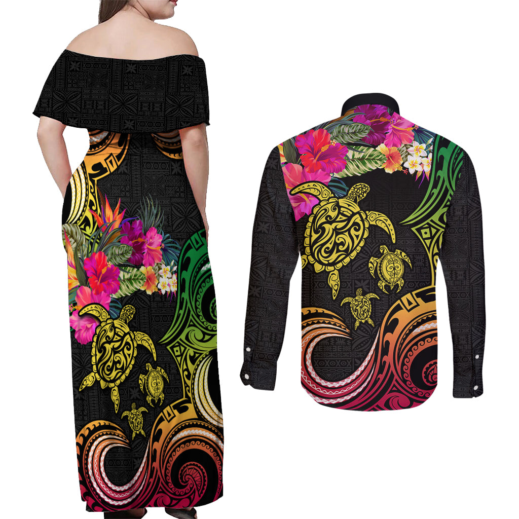 Hawaii Turtle Day Couples Matching Off Shoulder Maxi Dress and Long Sleeve Button Shirt Polynesian Tattoo and Hibiscus Flowers LT03 - Polynesian Pride