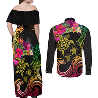 Hawaii Turtle Day Couples Matching Off Shoulder Maxi Dress and Long Sleeve Button Shirt Polynesian Tattoo and Hibiscus Flowers LT03 - Polynesian Pride