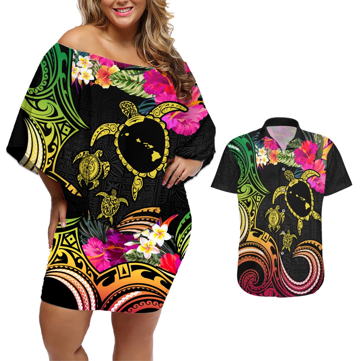 Hawaii Turtle Day Couples Matching Off Shoulder Short Dress and Hawaiian Shirt Polynesian Tattoo and Hibiscus Flowers LT03 Black - Polynesian Pride