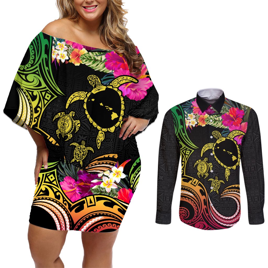 Hawaii Turtle Day Couples Matching Off Shoulder Short Dress and Long Sleeve Button Shirt Polynesian Tattoo and Hibiscus Flowers LT03 Black - Polynesian Pride