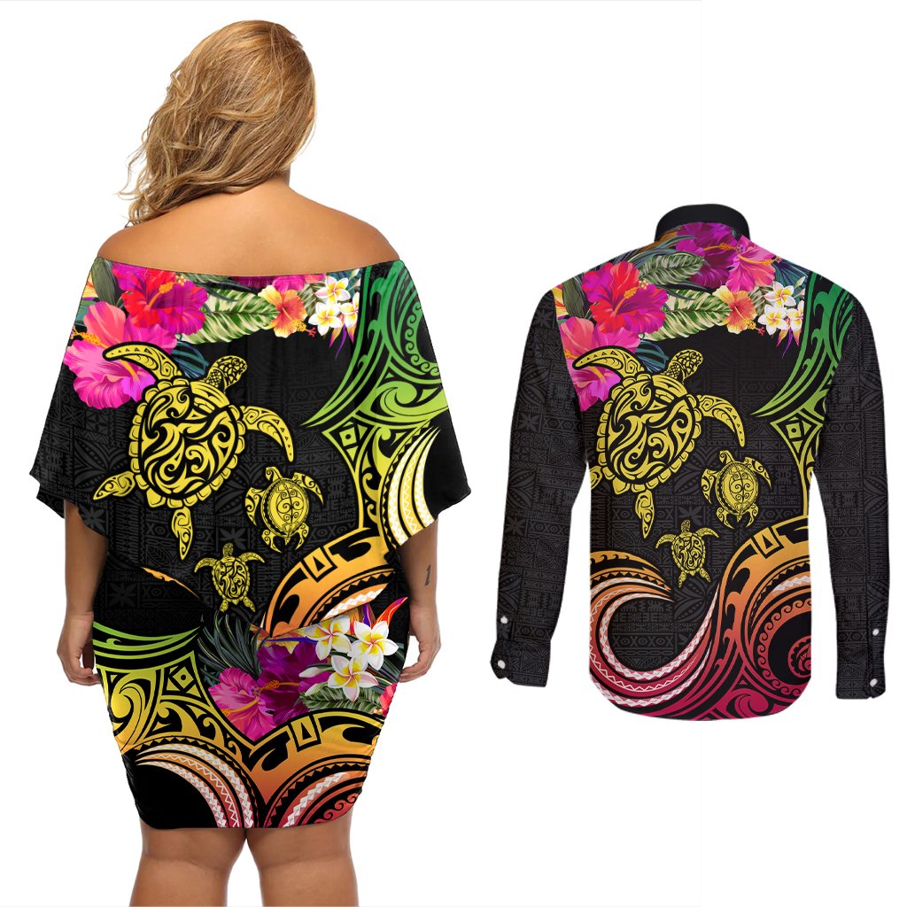 Hawaii Turtle Day Couples Matching Off Shoulder Short Dress and Long Sleeve Button Shirt Polynesian Tattoo and Hibiscus Flowers LT03 - Polynesian Pride