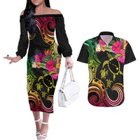Hawaii Turtle Day Couples Matching Off The Shoulder Long Sleeve Dress and Hawaiian Shirt Polynesian Tattoo and Hibiscus Flowers LT03 Black - Polynesian Pride
