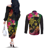 Hawaii Turtle Day Couples Matching Off The Shoulder Long Sleeve Dress and Long Sleeve Button Shirt Polynesian Tattoo and Hibiscus Flowers LT03 - Polynesian Pride