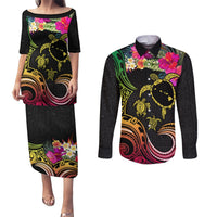 Hawaii Turtle Day Couples Matching Puletasi and Long Sleeve Button Shirt Polynesian Tattoo and Hibiscus Flowers