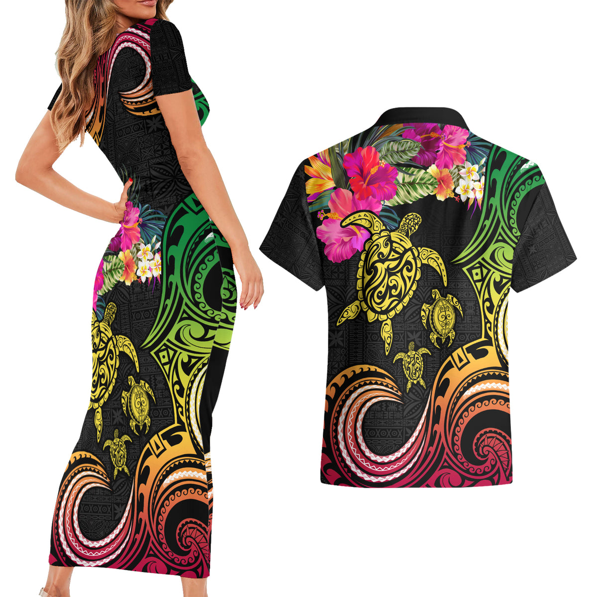 Hawaii Turtle Day Couples Matching Short Sleeve Bodycon Dress and Hawaiian Shirt Polynesian Tattoo and Hibiscus Flowers LT03 - Polynesian Pride