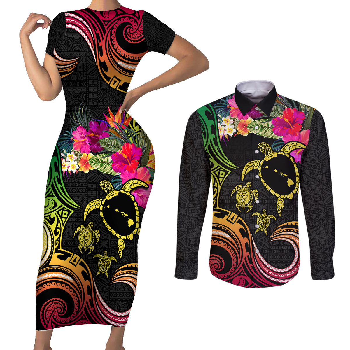 Hawaii Turtle Day Couples Matching Short Sleeve Bodycon Dress and Long Sleeve Button Shirt Polynesian Tattoo and Hibiscus Flowers LT03 Black - Polynesian Pride