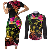 Hawaii Turtle Day Couples Matching Short Sleeve Bodycon Dress and Long Sleeve Button Shirt Polynesian Tattoo and Hibiscus Flowers LT03 Black - Polynesian Pride