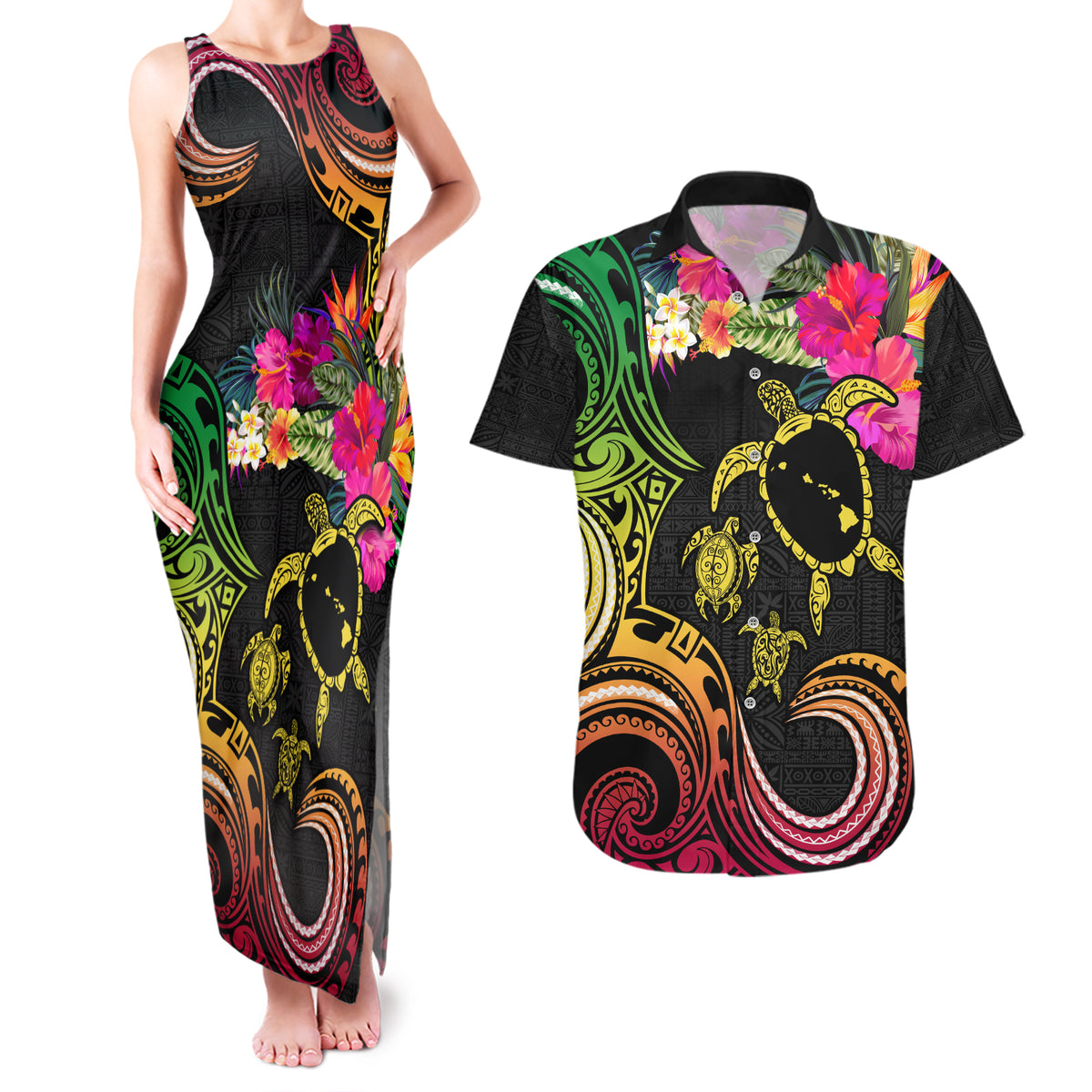 Hawaii Turtle Day Couples Matching Tank Maxi Dress and Hawaiian Shirt Polynesian Tattoo and Hibiscus Flowers LT03 Black - Polynesian Pride