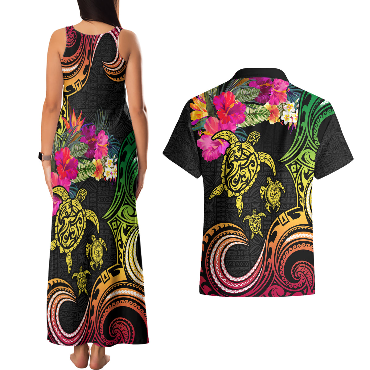 Hawaii Turtle Day Couples Matching Tank Maxi Dress and Hawaiian Shirt Polynesian Tattoo and Hibiscus Flowers LT03 - Polynesian Pride