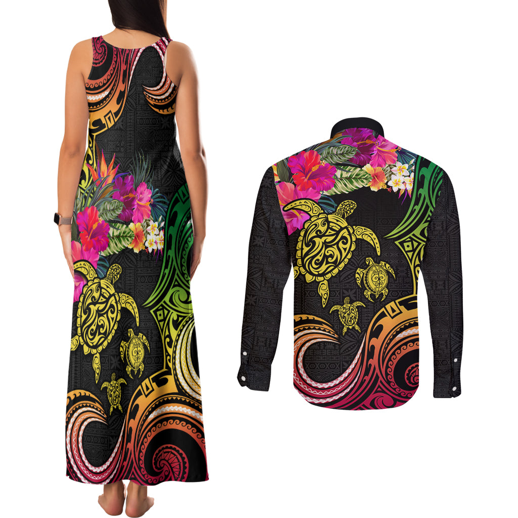 Hawaii Turtle Day Couples Matching Tank Maxi Dress and Long Sleeve Button Shirt Polynesian Tattoo and Hibiscus Flowers LT03 - Polynesian Pride