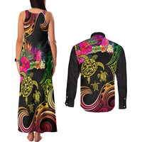 Hawaii Turtle Day Couples Matching Tank Maxi Dress and Long Sleeve Button Shirt Polynesian Tattoo and Hibiscus Flowers LT03 - Polynesian Pride