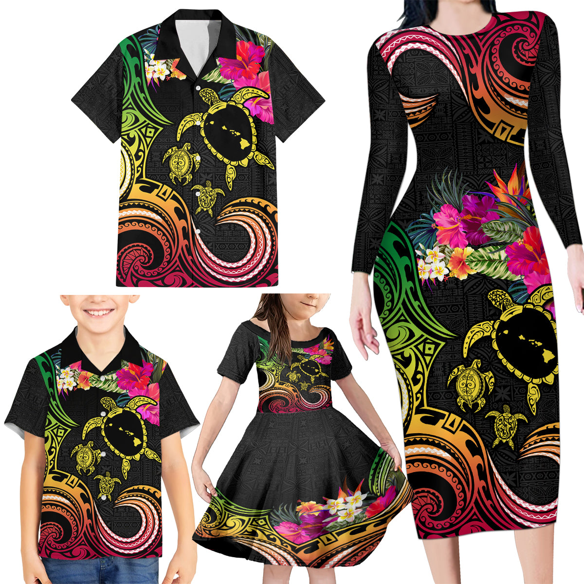 Hawaii Turtle Day Family Matching Long Sleeve Bodycon Dress and Hawaiian Shirt Polynesian Tattoo and Hibiscus Flowers LT03 - Polynesian Pride