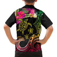 Hawaii Turtle Day Family Matching Off The Shoulder Long Sleeve Dress and Hawaiian Shirt Polynesian Tattoo and Hibiscus Flowers LT03 - Polynesian Pride