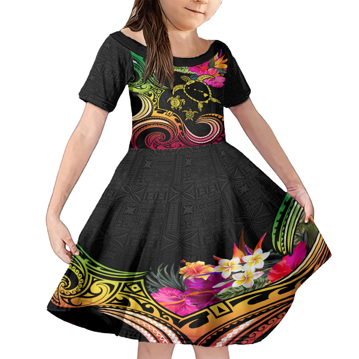 Hawaii Turtle Day Family Matching Off The Shoulder Long Sleeve Dress and Hawaiian Shirt Polynesian Tattoo and Hibiscus Flowers LT03 Daughter's Dress Black - Polynesian Pride