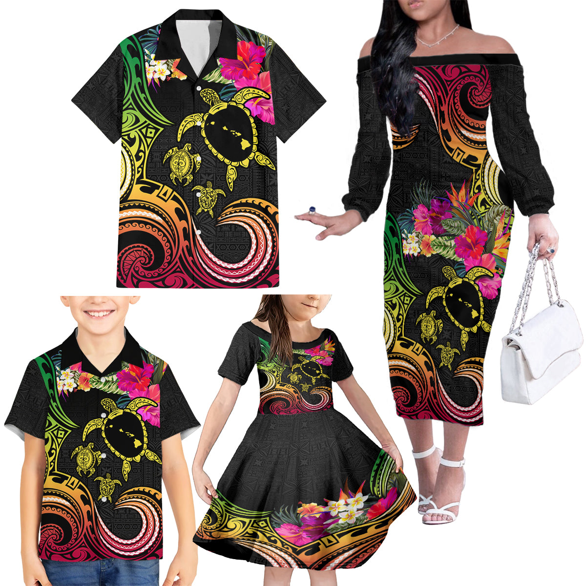 Hawaii Turtle Day Family Matching Off The Shoulder Long Sleeve Dress and Hawaiian Shirt Polynesian Tattoo and Hibiscus Flowers LT03 - Polynesian Pride
