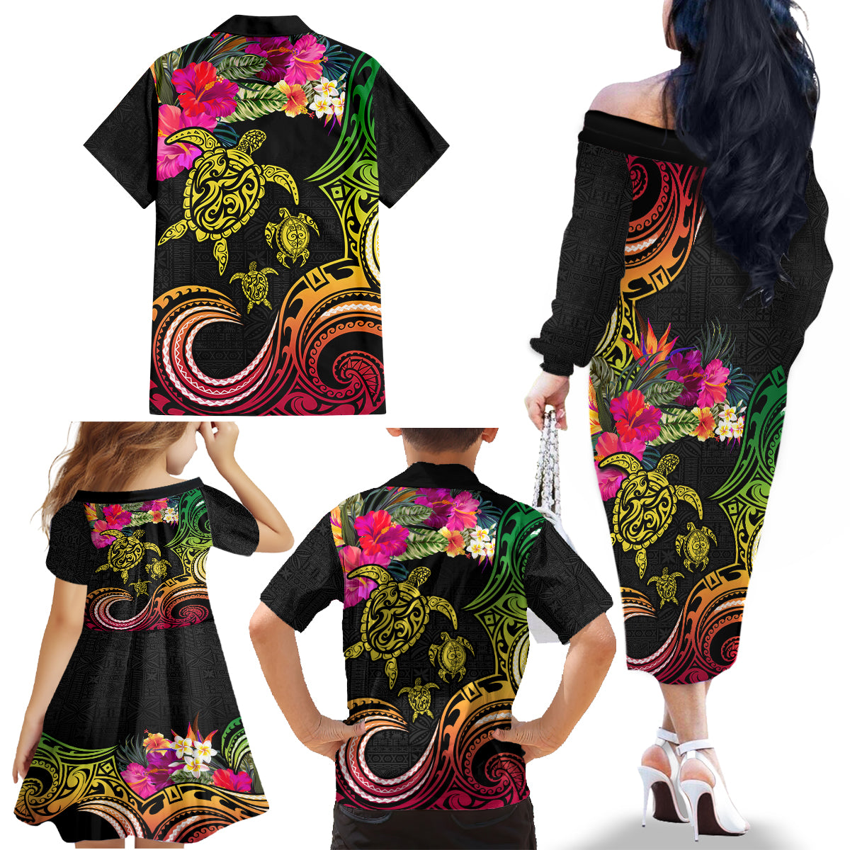 Hawaii Turtle Day Family Matching Off The Shoulder Long Sleeve Dress and Hawaiian Shirt Polynesian Tattoo and Hibiscus Flowers LT03 - Polynesian Pride