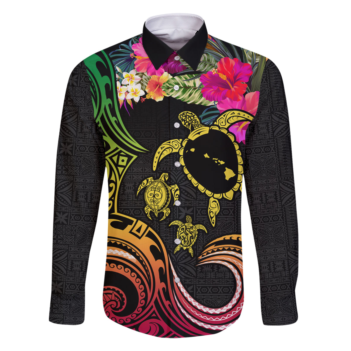 Hawaii Turtle Day Family Matching Off The Shoulder Long Sleeve Dress and Hawaiian Shirt Polynesian Tattoo and Hibiscus Flowers LT03 Dad's Shirt - Long Sleeve Black - Polynesian Pride