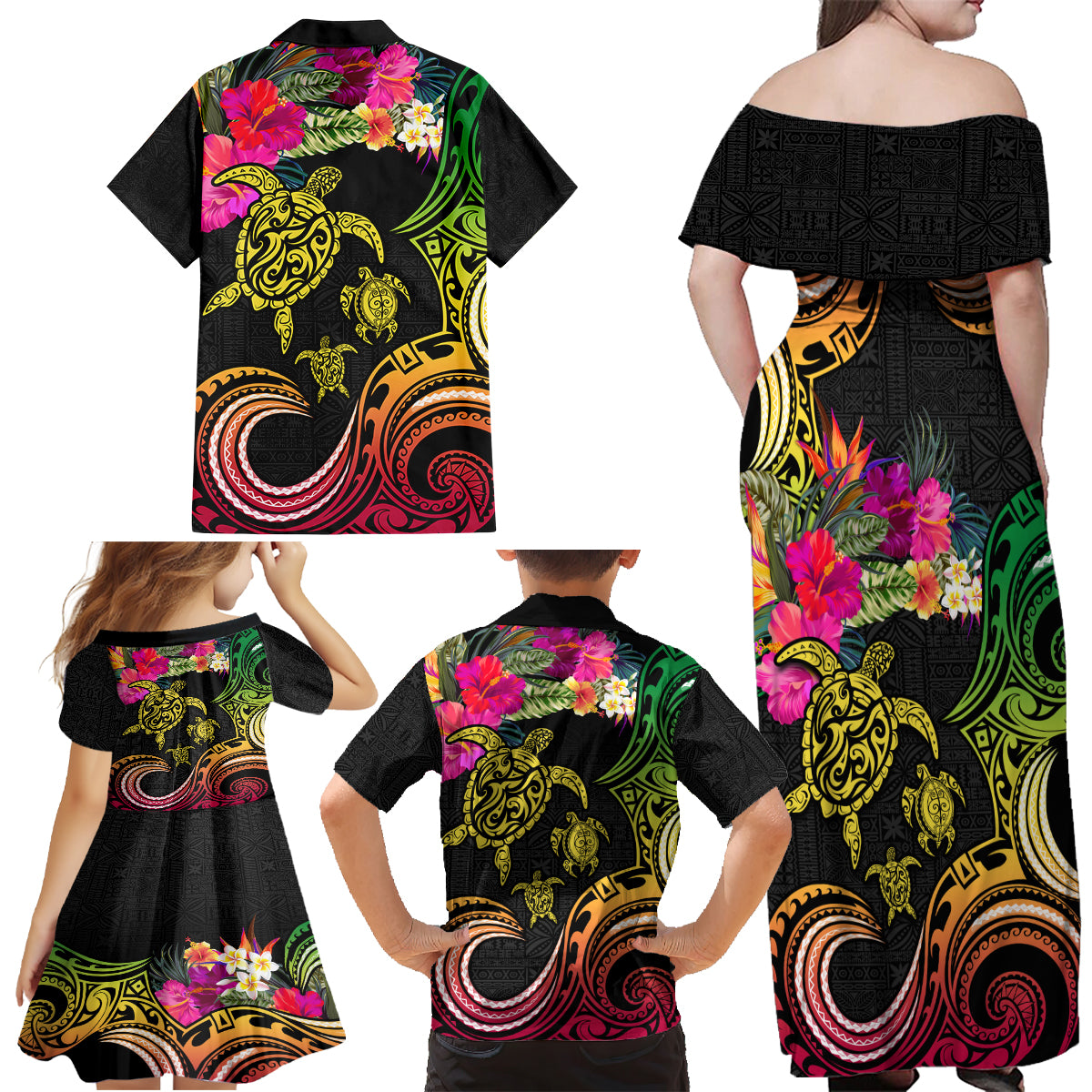 Hawaii Turtle Day Family Matching Off Shoulder Maxi Dress and Hawaiian Shirt Polynesian Tattoo and Hibiscus Flowers LT03 - Polynesian Pride