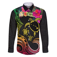 Hawaii Turtle Day Family Matching Off Shoulder Maxi Dress and Hawaiian Shirt Polynesian Tattoo and Hibiscus Flowers LT03 Dad's Shirt - Long Sleeve Black - Polynesian Pride