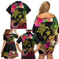 Hawaii Turtle Day Family Matching Off Shoulder Short Dress and Hawaiian Shirt Polynesian Tattoo and Hibiscus Flowers LT03 - Polynesian Pride