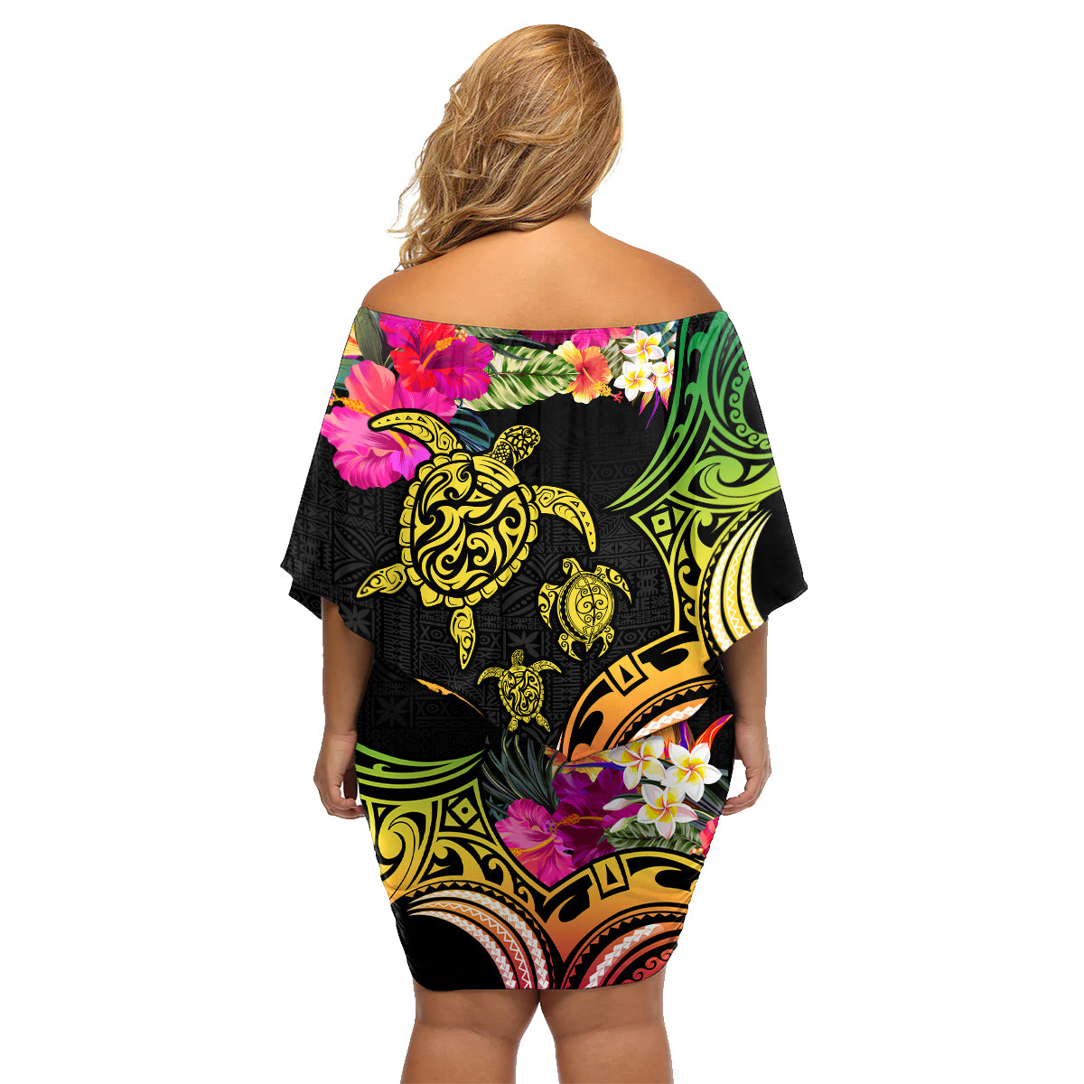 Hawaii Turtle Day Family Matching Off Shoulder Short Dress and Hawaiian Shirt Polynesian Tattoo and Hibiscus Flowers LT03 - Polynesian Pride