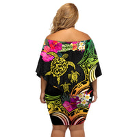 Hawaii Turtle Day Family Matching Off Shoulder Short Dress and Hawaiian Shirt Polynesian Tattoo and Hibiscus Flowers LT03 - Polynesian Pride
