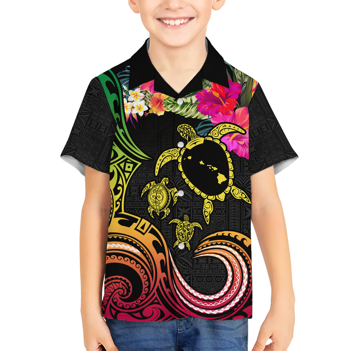 Hawaii Turtle Day Family Matching Off Shoulder Short Dress and Hawaiian Shirt Polynesian Tattoo and Hibiscus Flowers LT03 Son's Shirt Black - Polynesian Pride