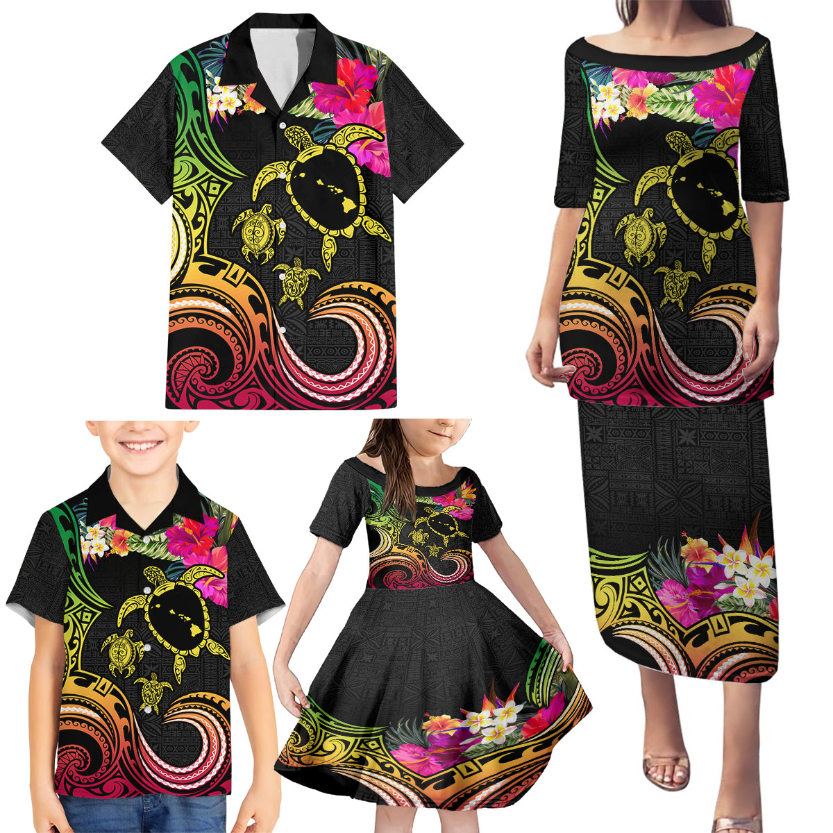 Hawaii Turtle Day Family Matching Puletasi and Hawaiian Shirt Polynesian Tattoo and Hibiscus Flowers LT03 - Polynesian Pride