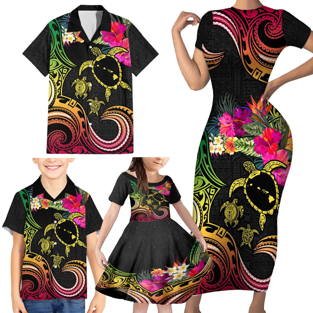 Hawaii Turtle Day Family Matching Short Sleeve Bodycon Dress and Hawaiian Shirt Polynesian Tattoo and Hibiscus Flowers LT03 - Polynesian Pride