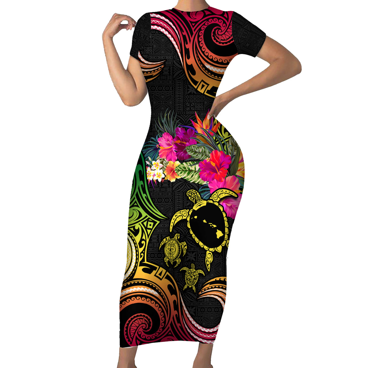 Hawaii Turtle Day Family Matching Short Sleeve Bodycon Dress and Hawaiian Shirt Polynesian Tattoo and Hibiscus Flowers LT03 Mom's Dress Black - Polynesian Pride
