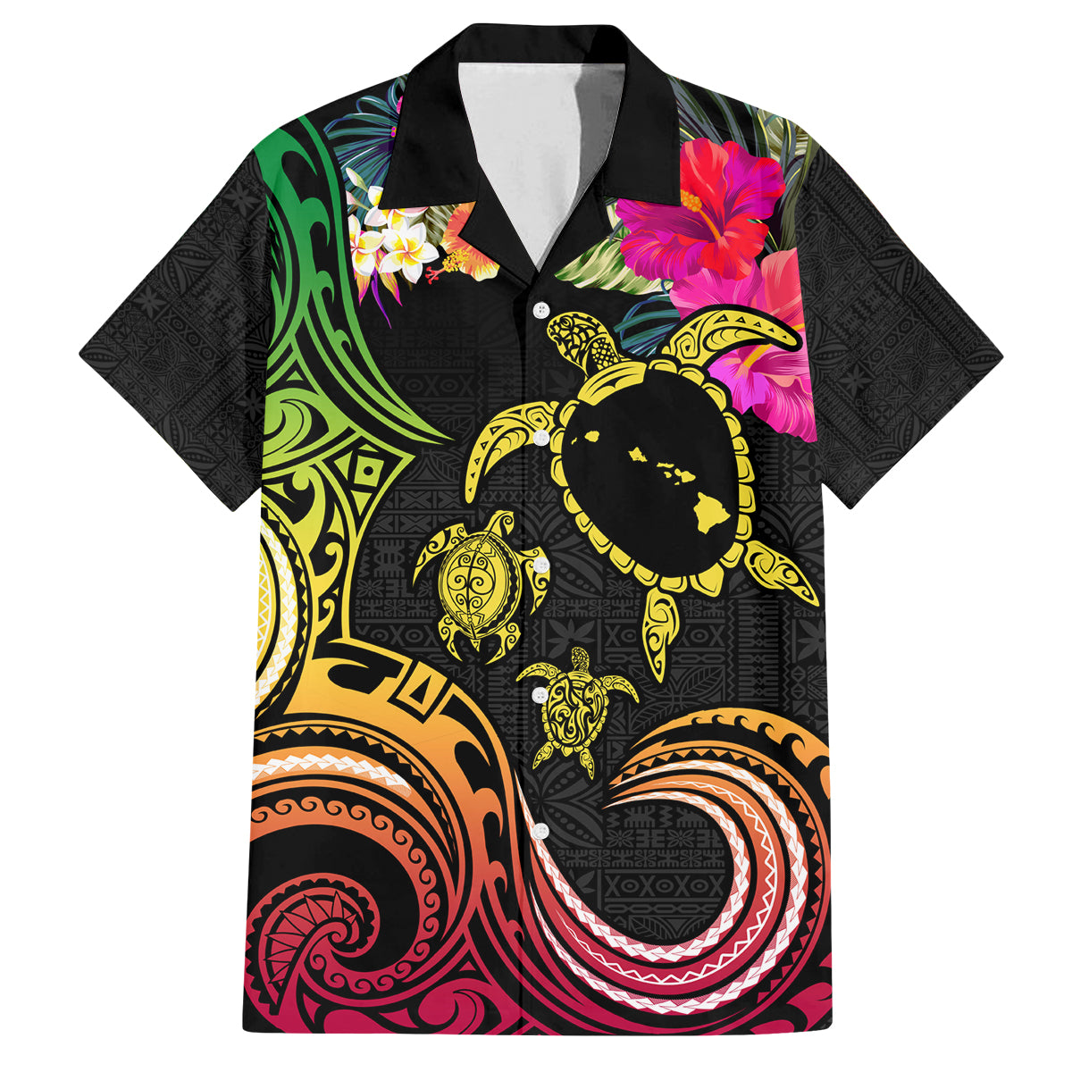 Hawaii Turtle Day Family Matching Summer Maxi Dress and Hawaiian Shirt Polynesian Tattoo and Hibiscus Flowers LT03 Dad's Shirt - Short Sleeve Black - Polynesian Pride