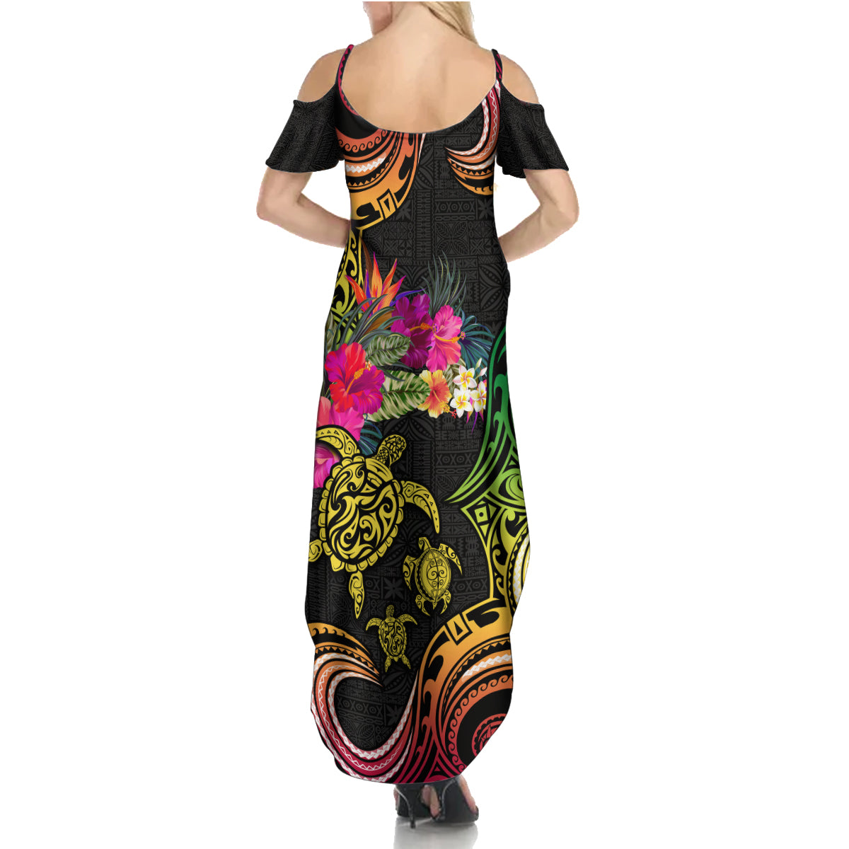 Hawaii Turtle Day Family Matching Summer Maxi Dress and Hawaiian Shirt Polynesian Tattoo and Hibiscus Flowers LT03 - Polynesian Pride