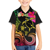 Hawaii Turtle Day Kid Hawaiian Shirt Polynesian Tattoo and Hibiscus Flowers