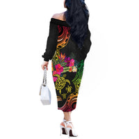 Hawaii Turtle Day Off The Shoulder Long Sleeve Dress Polynesian Tattoo and Hibiscus Flowers LT03 - Polynesian Pride