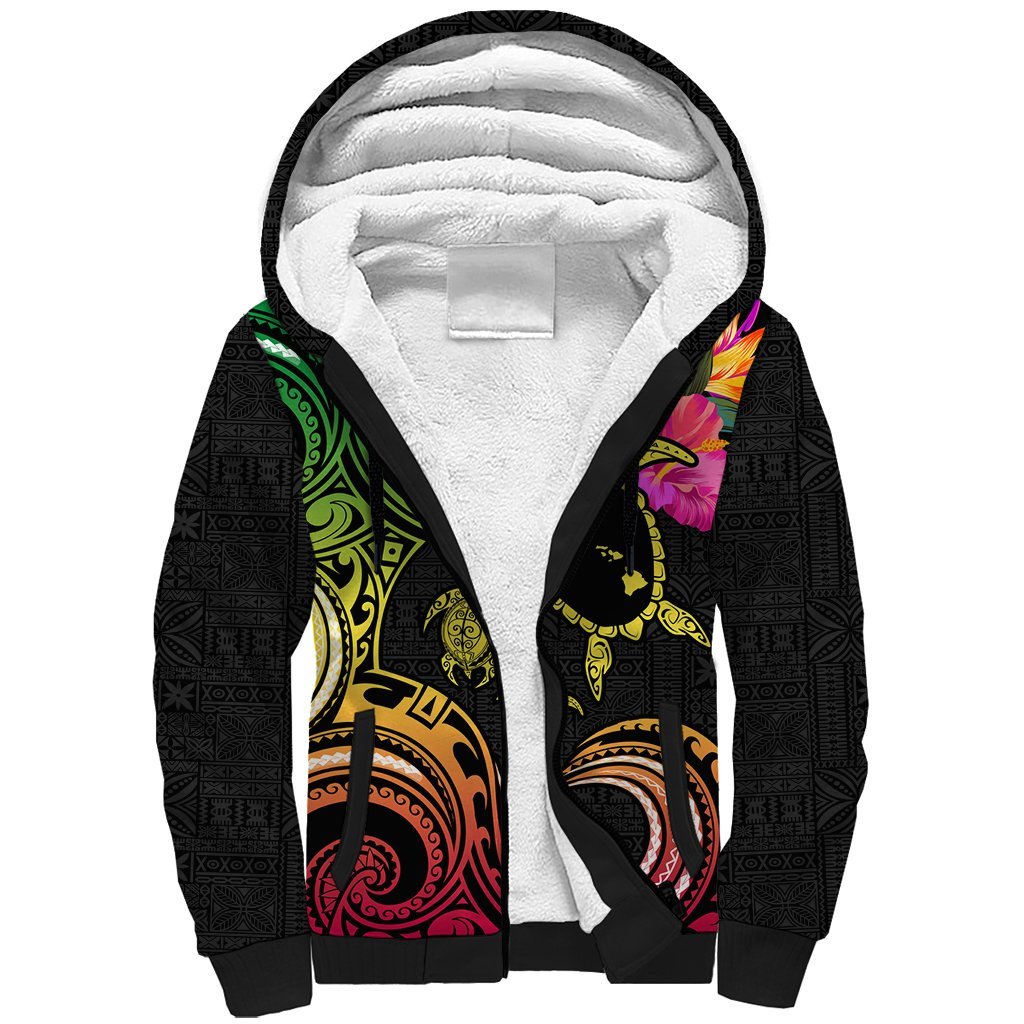 Hawaii Turtle Day Sherpa Hoodie Polynesian Tattoo and Hibiscus Flowers LT03 Unisex Black - Polynesian Pride
