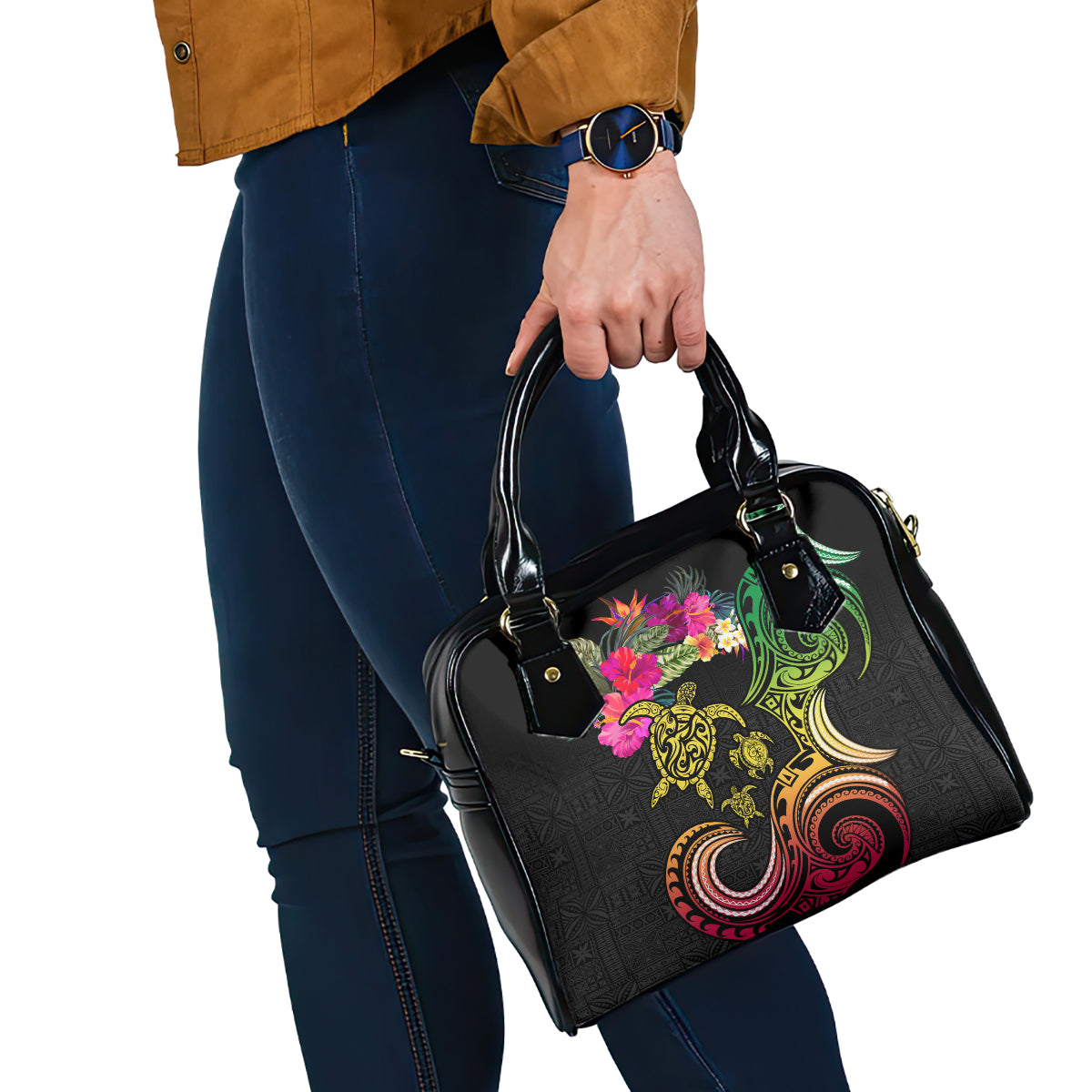 Hawaii Turtle Day Shoulder Handbag Polynesian Tattoo and Hibiscus Flowers LT03 - Polynesian Pride