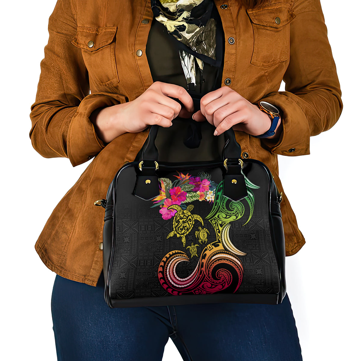 Hawaii Turtle Day Shoulder Handbag Polynesian Tattoo and Hibiscus Flowers LT03 - Polynesian Pride