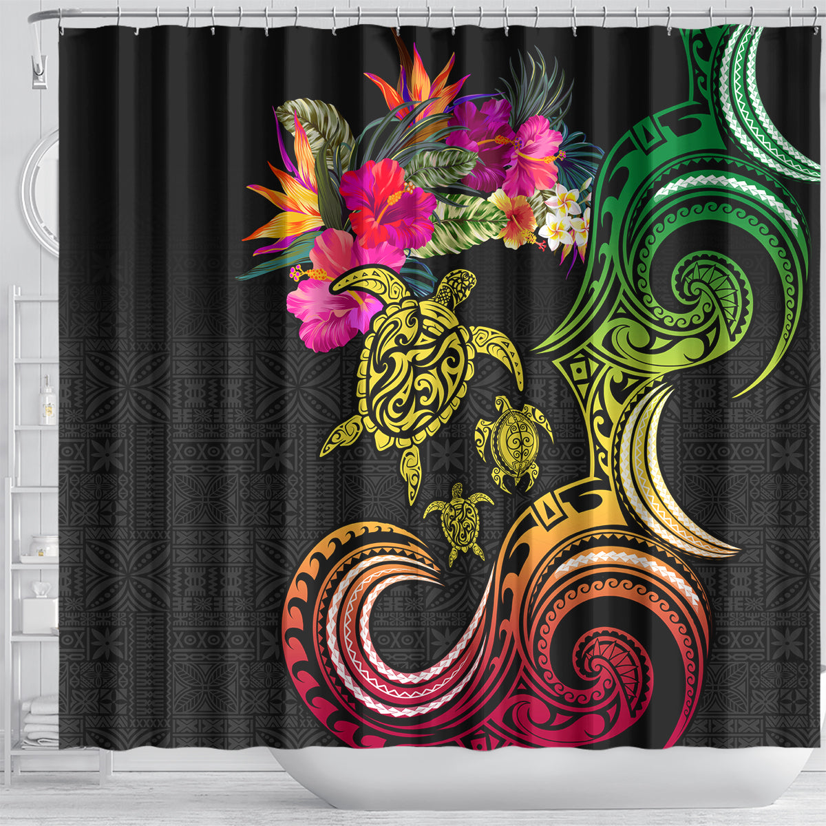 Hawaii Turtle Day Shower Curtain Polynesian Tattoo and Hibiscus Flowers