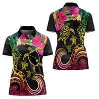 Hawaii Turtle Day Women Polo Shirt Polynesian Tattoo and Hibiscus Flowers