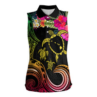 Hawaii Turtle Day Women Sleeveless Polo Shirt Polynesian Tattoo and Hibiscus Flowers LT03 Female Black - Polynesian Pride