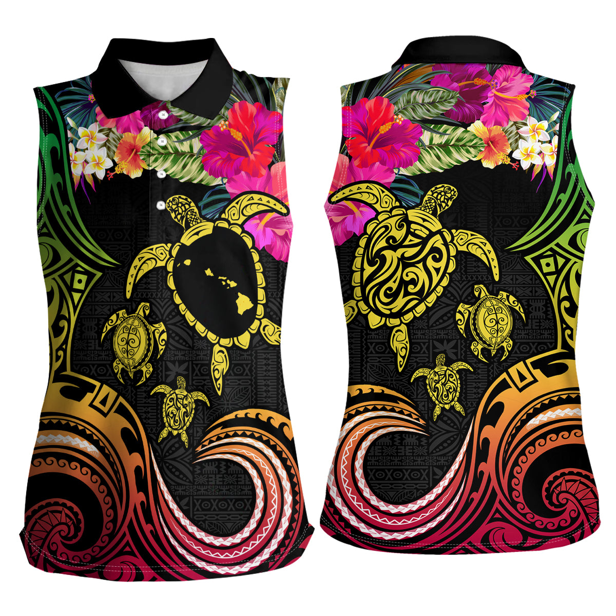 Hawaii Turtle Day Women Sleeveless Polo Shirt Polynesian Tattoo and Hibiscus Flowers LT03 - Polynesian Pride