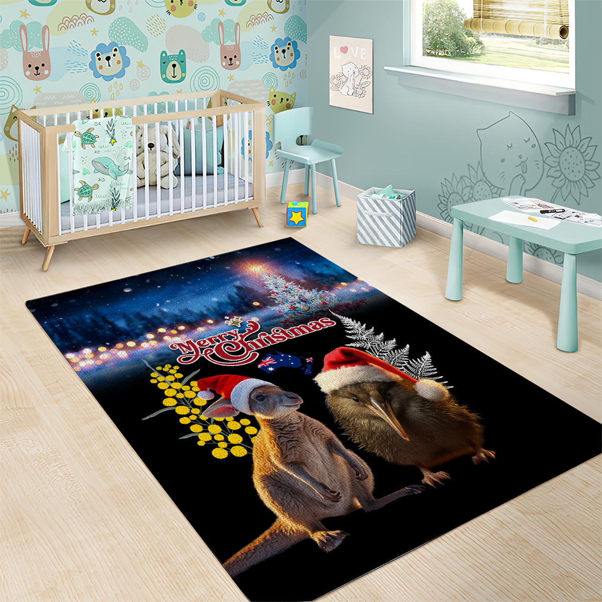 New Zealand and Australia Merry Christmas Area Rug Kiwi Bird and Kangaroo Xmas Vibe LT03 - Polynesian Pride