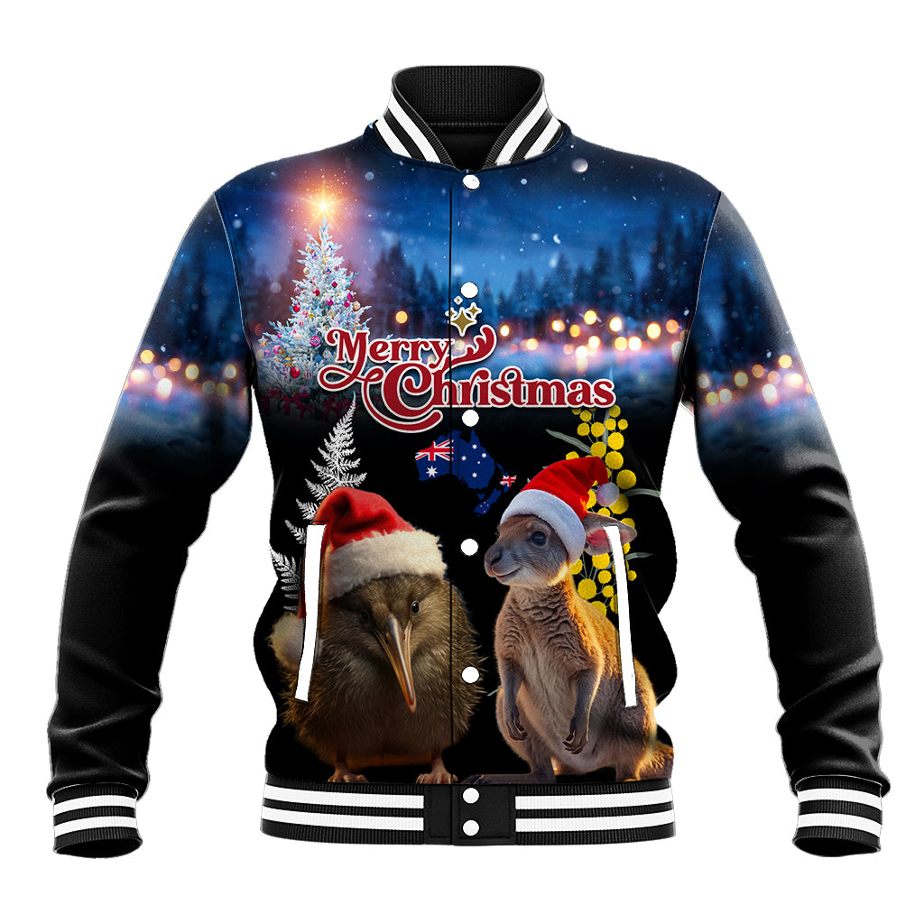 New Zealand and Australia Merry Christmas Baseball Jacket Kiwi Bird and Kangaroo Xmas Vibe LT03 Unisex Black - Polynesian Pride