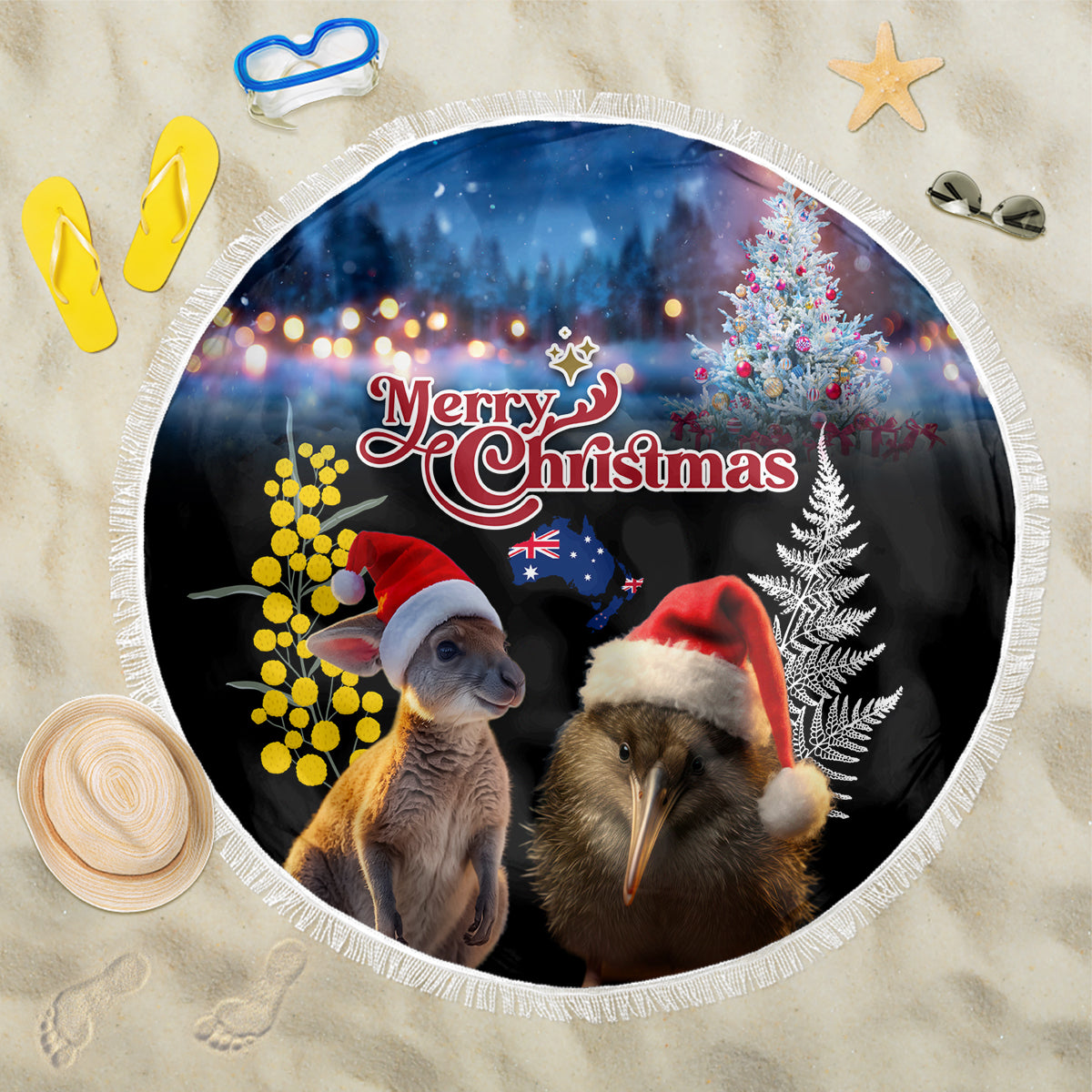 New Zealand and Australia Merry Christmas Beach Blanket Kiwi Bird and Kangaroo Xmas Vibe LT03 One Size 150cm Black - Polynesian Pride