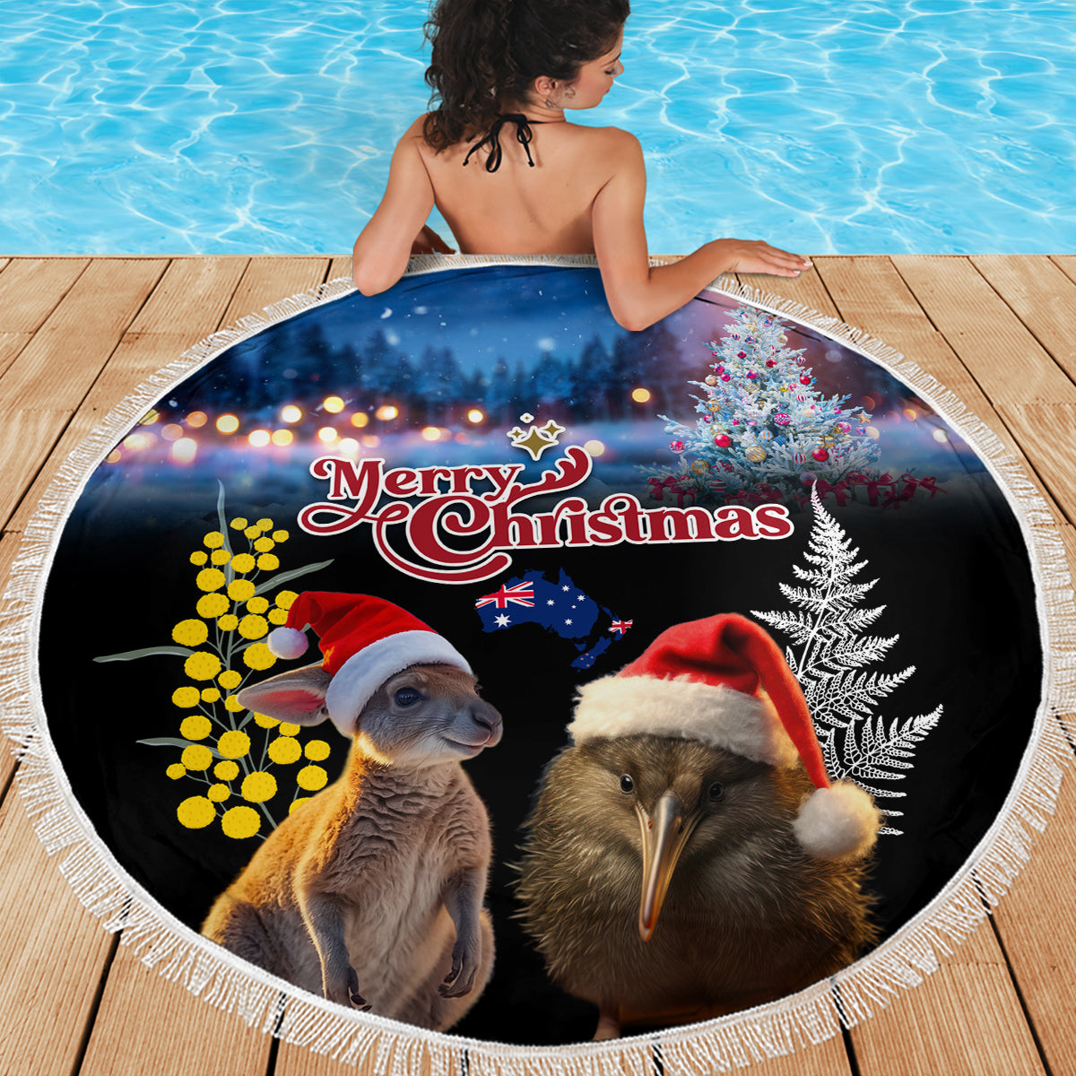 New Zealand and Australia Merry Christmas Beach Blanket Kiwi Bird and Kangaroo Xmas Vibe LT03 - Polynesian Pride