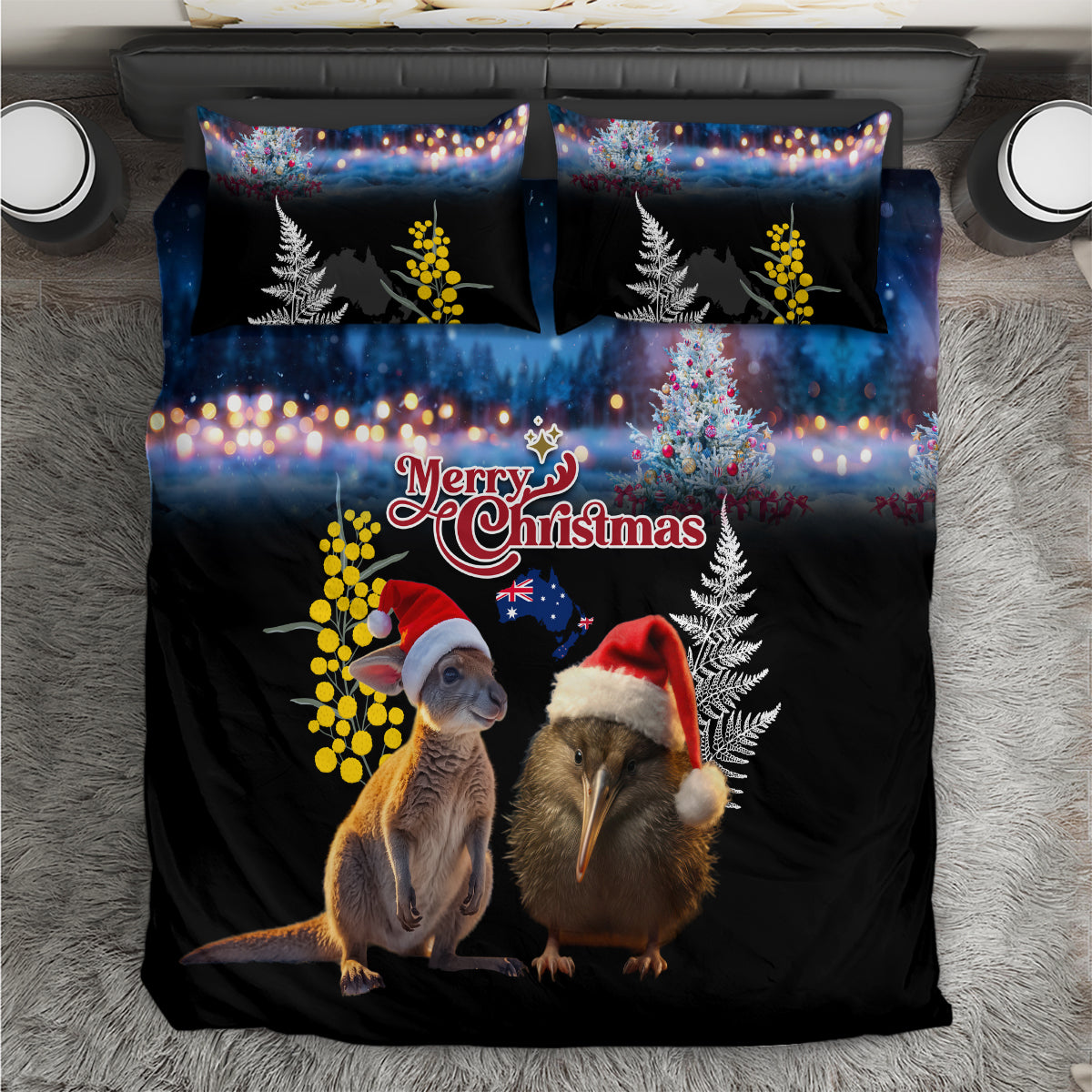 New Zealand and Australia Merry Christmas Bedding Set Kiwi Bird and Kangaroo Xmas Vibe LT03 Black - Polynesian Pride