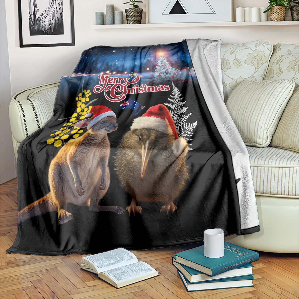 New Zealand and Australia Merry Christmas Blanket Kiwi Bird and Kangaroo Xmas Vibe LT03 Black - Polynesian Pride