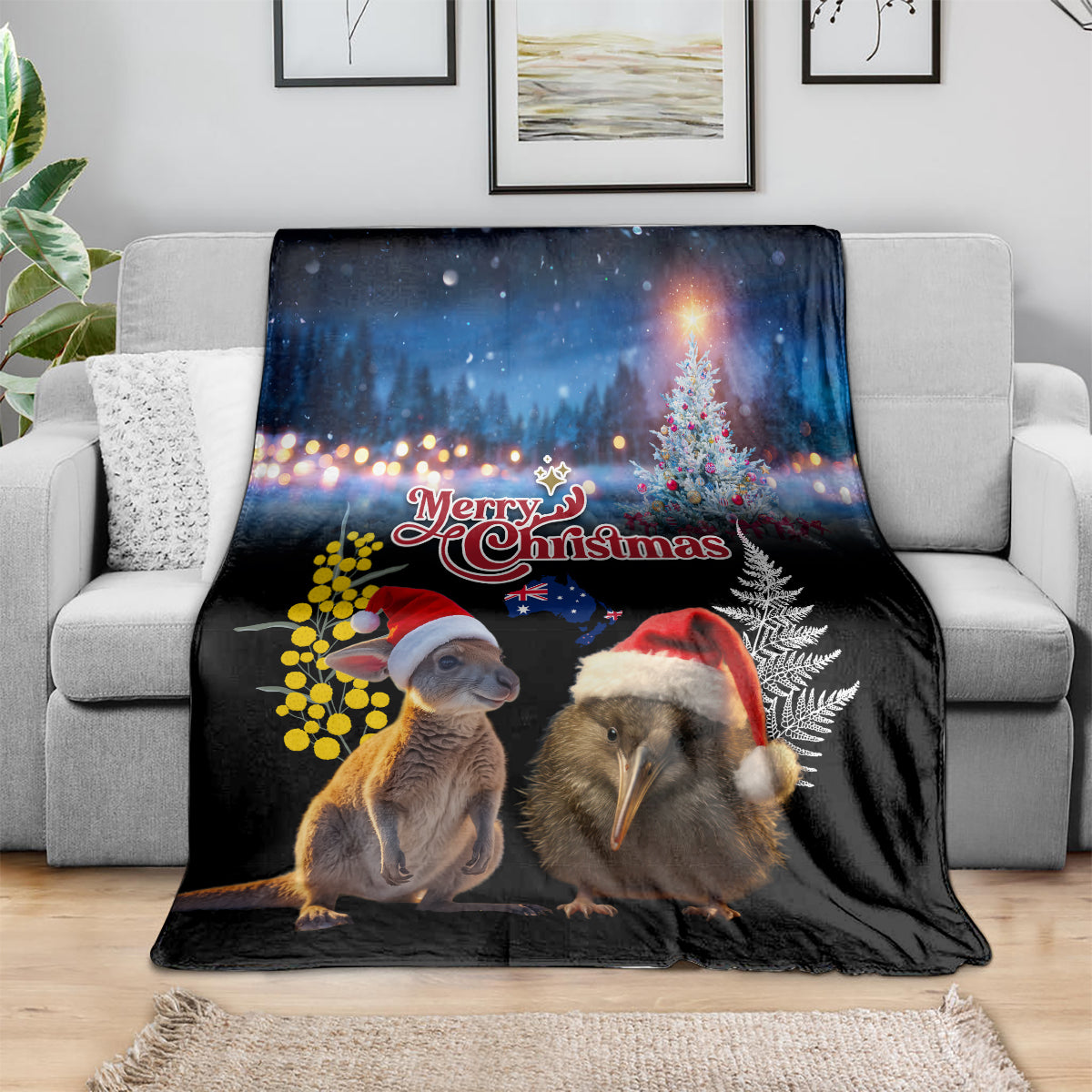 New Zealand and Australia Merry Christmas Blanket Kiwi Bird and Kangaroo Xmas Vibe LT03 - Polynesian Pride