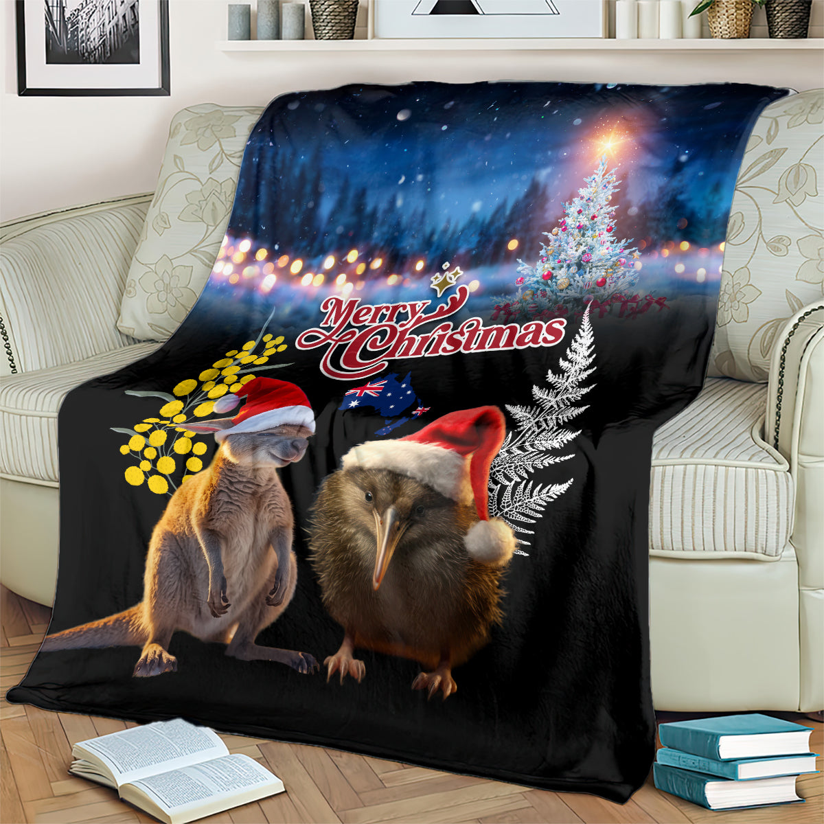 New Zealand and Australia Merry Christmas Blanket Kiwi Bird and Kangaroo Xmas Vibe LT03 - Polynesian Pride